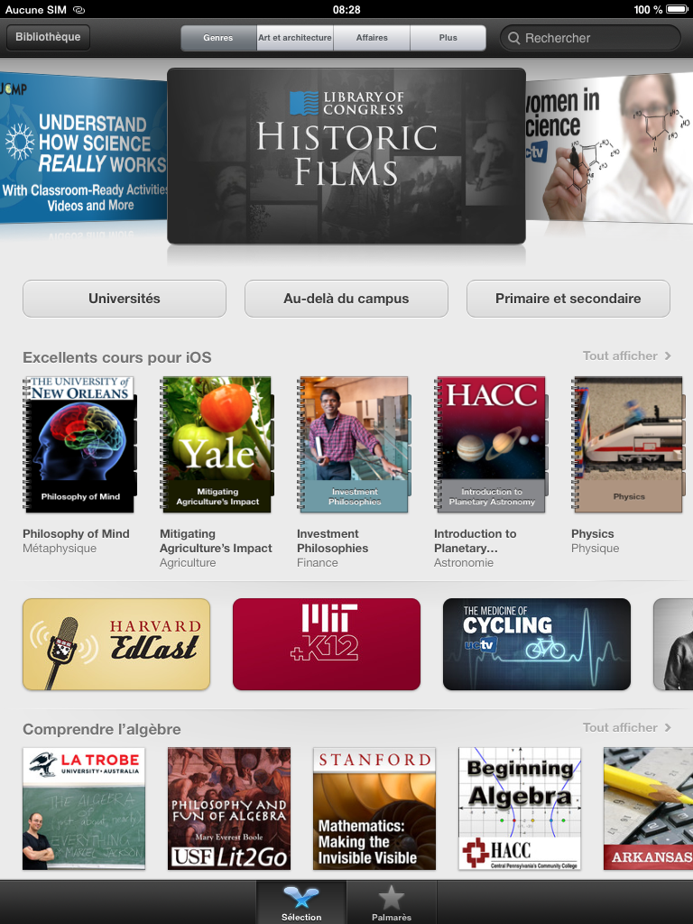 L’interface d’accueil d’iTunes U sur iPad