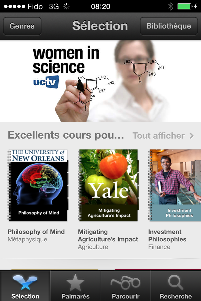 L’interface d’accueil d’iTunes U sur iPhone ou iPod Touch