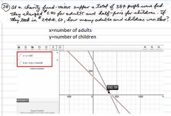 Desmos is used to verify the answer to an algebraic problem where two linear equations are involved