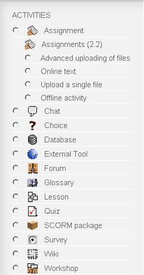 Activities offered via the Moodle LMS platform