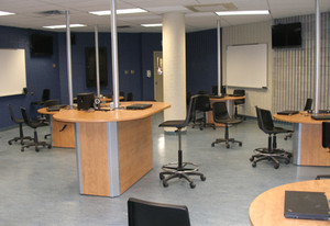 The teacher's station in the Active Learning classroom at Champlain College's Saint-Lambert Campus