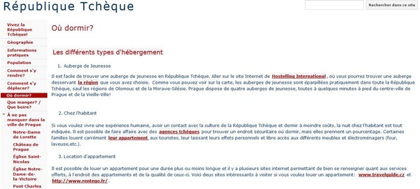 Page d'un site portant sur la République tchèque