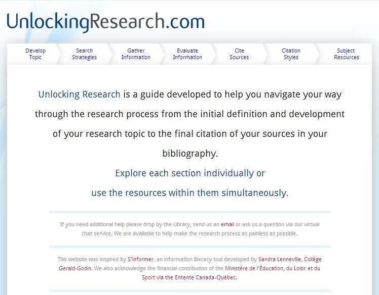 The Unlocking Research Homepage showing the various sections