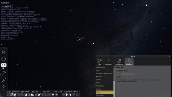 Screenshot from the Stellarium planetarium software showing details about the Norse star