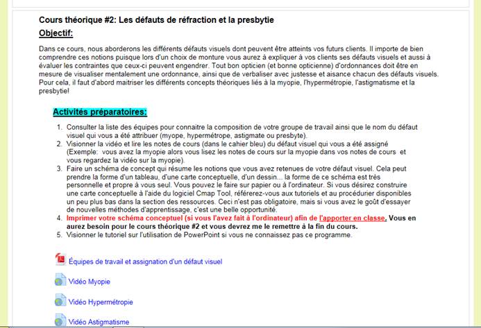 Exemple de cours dans Moodle (objectif, activités préparatoires, liste de vidéos et de documents)
