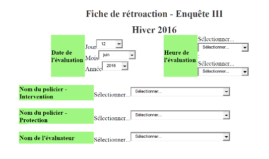 Fields to fill: date, time, name of police officer – Intervention, pame of police officer – Protection and name of evaluator