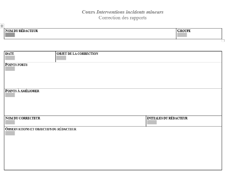 Form - Minor Incidents Interventions Course - Correction of reports: name of author, Group, Date, Subject of the Grading, Strong points, Points to improve, Name of grader, Initials of author, Observations and objections of author.