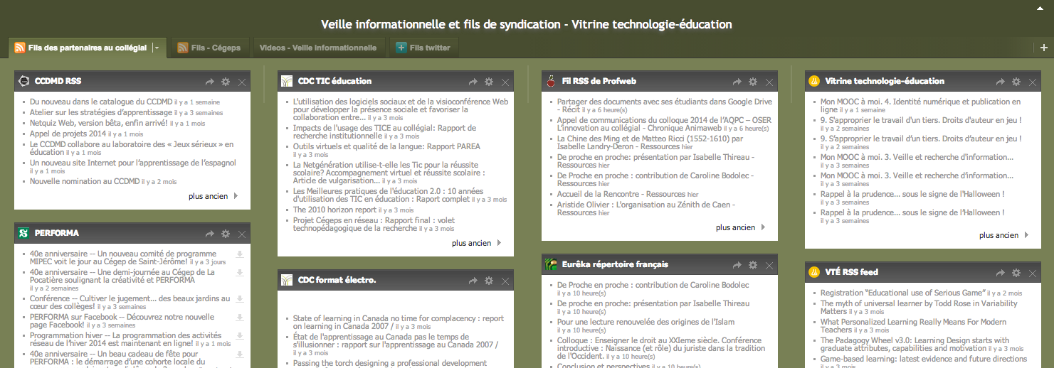 The Netvibes page where the Vitrine technologie-éducation team has compiled all feeds from ICT partners in the college network.