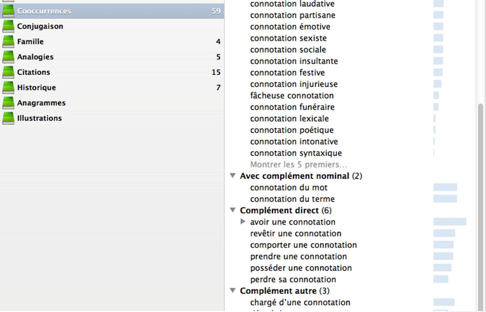 Exploration des cooccurrences d'épithète, de complément nominal, direct ou autre du mot connotation